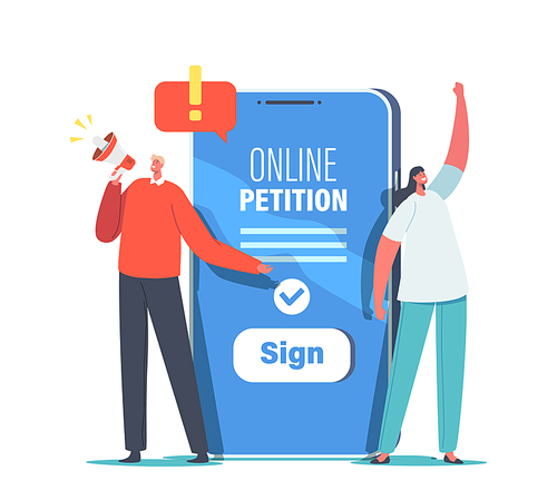 Collective Public Appeal Service. Tiny Characters near Huge Smartphone Yell to Loudspeaker Call to Sign Online Petition. Government Document Signing and Spreading. Cartoon People Vector Illustration