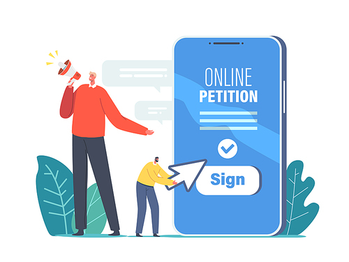 Signing and Spreading Online Document. Tiny Agitator Characters at Huge Smartphone Yell to Megaphone Call to Sign Online Petition. Collective Public Appeal Service. Cartoon People Vector Illustration