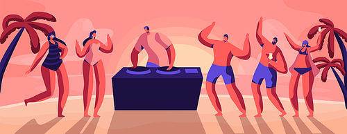 young people, teenagers dancing and  cocktails on seaside at summer time beach party with dj playing modern music at sunset tropical landscape with palms view. cartoon flat vector illustration