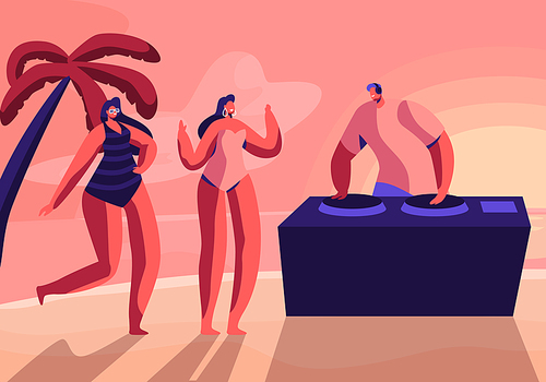 Young Girls Wearing Swim Suits and Sun Glasses Dancing on Seaside at Summer Time Beach Party with DJ Playing Modern Music at Sunset Tropical Landscape with Palm Trees. Cartoon Flat Vector Illustration