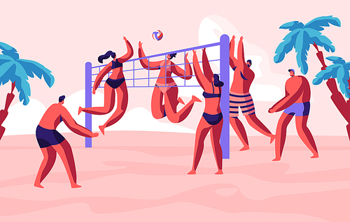 Group of Young People Playing Beach Volleyball on Seaside. Male, Female Characters Sports Activity in Exotic Tropical Place on Summer Time Vacation Leisure, Recreation Cartoon Flat Vector Illustration