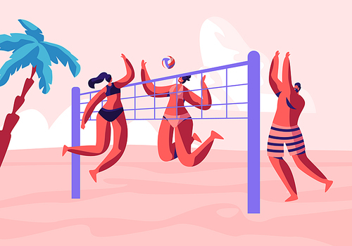 Young People Playing Beach Volleyball on Seaside with Palm Trees and Basket. Girls in Bikini and Boy Hit Ball. Sports Activity, Summer Time Vacation Leisure Recreation Cartoon Flat Vector Illustration