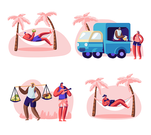 people on city beach set. male and female characters spending time on tropical seaside, lounging on hammock,  coconut, buying juice and fruits, playing ukulele cartoon flat vector illustration