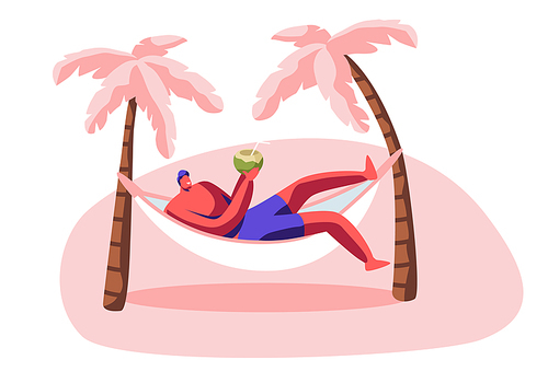 Young Man Relax in Hammock with Coconut in Hands. Summer Time Leisure on City Beach with Palms. Lounging Male Character Drinking Juice on Resort Seaside, Vacation Rest Cartoon Flat Vector Illustration