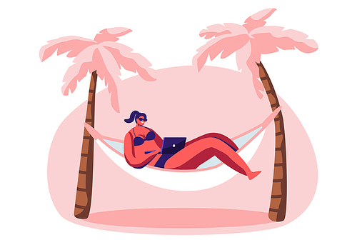 Young Woman Working on Laptop Lying in Hammock. Freelancer, Summer Time Leisure on City Beach. Lounging Female Character Relaxing on Resort Seaside, Vacation Rest. Cartoon Flat Vector Illustration