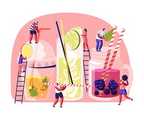 people  cold drinks. male and female characters choose different beverages in summer time. glass and plastic cups with straw, fruits, ice cubes in juice water. cartoon flat vector illustration