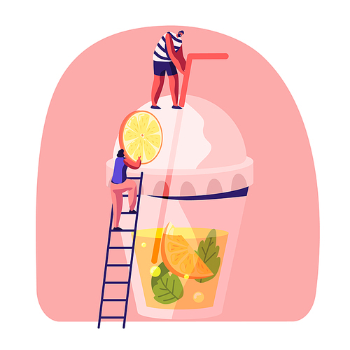 little people on ladder put slice of orange to huge plastic glass with juice, mint leaves and straw. male and female characters  cold drinks at summer time. cartoon flat vector illustration