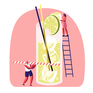tiny people on ladder put slice of lime to big glass with juice, ice cubes and straw. male and female characters  cold drinks and sweet beverage at summer time cartoon flat vector illustration