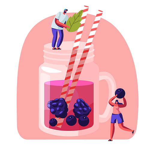 tiny people put mint leaf and berries to big glass cup with pink juice and straws. male and female characters  cold drinks and sweet beverage at summer time. cartoon flat vector illustration