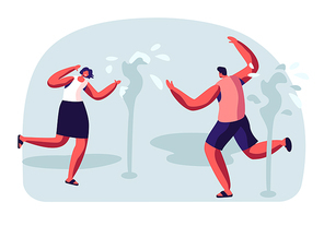 Happy People Splashing and Playing with Water in Hot Summer Time Season Weather. Male and Female Characters Running Wet, Fountains on Street. Leisure, Summertime Relax Cartoon Flat Vector Illustration