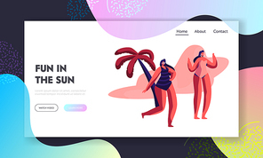 Young Girls Wearing Swim Suits and Sun Glasses on Beach with Palm Trees. Tropical Resort Seaside, Summer Time Vacation, Leisure Website Landing Page, Web Page. Cartoon Flat Vector Illustration, Banner