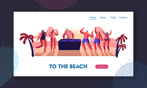 people dancing and  cocktails on seaside at summer time beach party with dj playing music at sunset tropical landscape website landing page, web page. cartoon flat vector illustration, banner