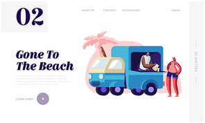 Woman Buying Juice on City Beach at Lorry Booth in Exotic Country. Female Tourist Relaxing Girl on Summer Time Vacation, Travel. Website Landing Page, Web Page. Cartoon Flat Vector Illustration Banner