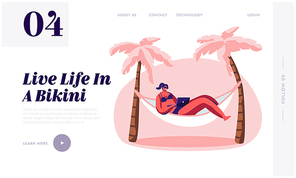 Woman Working on Laptop Lying in Hammock. Freelancer, Summer Time Leisure on City Beach. Lounging Female Character Vacation. Website Landing Page, Web Page. Cartoon Flat Vector Illustration, Banner