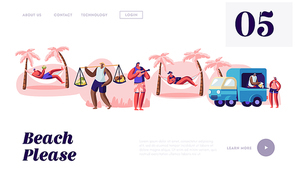 people spend time on tropical city beach, lounging on hammock,  coconut, buying juice and fruits, playing ukulele, website landing page, web page. cartoon flat vector illustration, banner