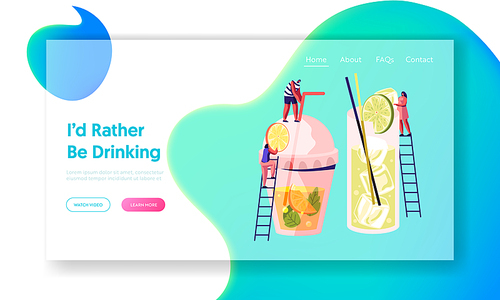 People Put Slice of Lime and Orange to Big Glasses with Juice, Ice Cubes and Straw. Characters Cook Cold Drinks at Summer Time Website Landing Page, Web Page. Cartoon Flat Vector Illustration, Banner