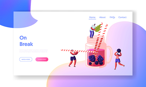 People Put Mint Leaf and Berries to Glass Cup with Pink Juice and Straws. Male and Female Characters Prepare Cold Summer Drinks Website Landing Page, Web Page. Cartoon Flat Vector Illustration, Banner
