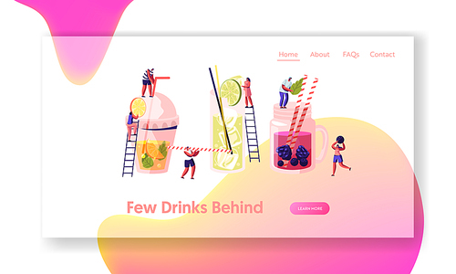 people  cold drinks, choose different beverages in summer time. glass and plastic cups with straw, fruits, ice cubes. website landing page, web page. cartoon flat vector illustration, banner