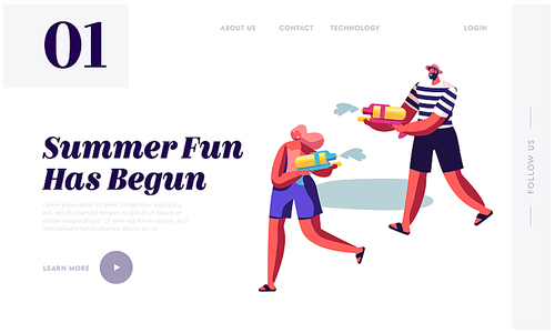 Happy People Shooting with Water Guns in Hot Summer Time Weather. Male and Female Characters Splashing, Summertime Fun, Joy. Website Landing Page, Web Page. Cartoon Flat Vector Illustration, Banner