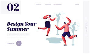 Happy People Splashing and Playing with Water in Hot Summer Time Season Weather. Running near Fountains. Leisure, Summertime. Website Landing Page, Web Page. Cartoon Flat Vector Illustration, Banner