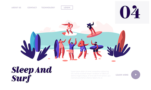 Surfers Riding Sea Wave on Boards and Relaxing on Sandy Beach, Summertime Vacation, Leisure, Surf Party, Sport, Summer Activity Website Landing Page, Web Page. Cartoon Flat Vector Illustration, Banner