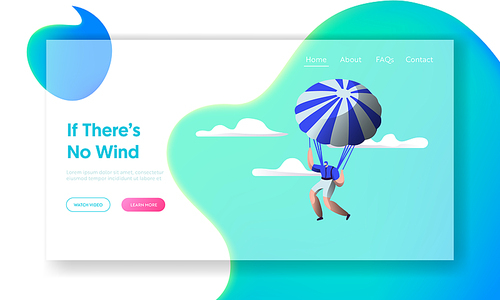 Skydiving, Paragliding, Summer Time Leisure Sports Activity. Man Floating with Parachute, Relax at Vacation, Leisure, Recreation Website Landing Page, Web Page Cartoon Flat Vector Illustration, Banner