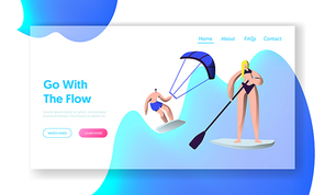 People Relaxing at Summertime Vacation, Water Sport Activity. Sup Board, Kitesurfing Leisure, Resort Active Recreation, Sport Website Landing Page, Web Page. Cartoon Flat Vector Illustration, Banner