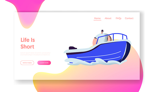 Man Riding Motor Boat in Sea. Water Leisure, Lifesaver at Work, Summer Time Sports Activity, Vacation, Leisure, Trip Recreation Website Landing Page, Web Page. Cartoon Flat Vector Illustration, Banner