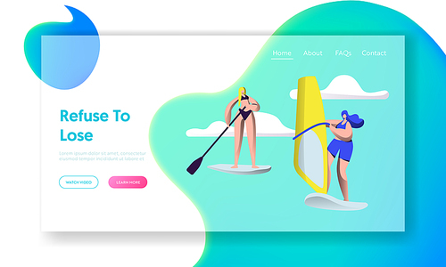 People Summertime Water Sport Activity. Sup Board, Sailing. Relaxing at Summer Time Vacation, Leisure, Resort Active Recreation Website Landing Page, Web Page. Cartoon Flat Vector Illustration, Banner