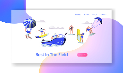 Summertime Vacation Leisure, Sports Activity. Surfing, Sup Board, Paragliding, Motor Boat Riding, Sailing, Sports Recreation Website Landing Page, Web Page. Cartoon Flat Vector Illustration, Banner