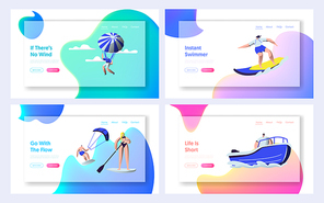 Summer Sports Activity Website Landing Page Templates Set. Surfing, Sup Board, Paragliding, Motor Boat Riding, Sailing Sport, Relax at Summertime. Web Page, Cartoon Flat Vector Illustration, Banner