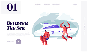 Friends Company Relaxing on Luxury Yacht at Ocean. Summertime Vacation, Happy Male Characters Jump to Sea Water, Summer Leisure Website Landing Page, Web Page. Cartoon Flat Vector Illustration, Banner
