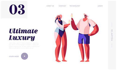 Happy Loving Couple in Swim Suits Drinking Champagne. Summertime Vacation, Trip, Luxury Resort Entertainment, Leisure on Yacht Website Landing Page, Web Page. Cartoon Flat Vector Illustration, Banner