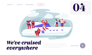 happy people relaxing on luxury yacht jumping to sea,  champagne, sun bathing at ocean. summertime vacation, leisure website landing page, web page. cartoon flat vector illustration, banner