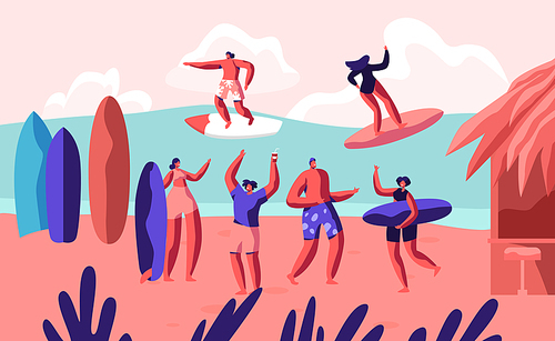 Young Surfers Riding Sea Wave on Surf Boards and Relaxing on Sandy Beach with Bungalow. Summertime Vacation, Leisure, Surfing Sport, Recreation, Summer Sports Activity Cartoon Flat Vector Illustration