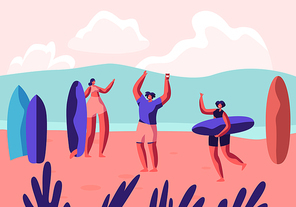 Surf Party on Exotic Seaside Resort. Male and Female Sportsmen with Boards Relax on Sandy Beach. Summertime Leisure, Surfing Sport, Recreation, Summer Sports Activity. Cartoon Flat Vector Illustration