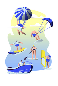 People Summer Sports Activity. Surfing, Sup Board, Paragliding, Motor Boat Riding, Sailing. Sports Men and Women Relax at Summertime Vacation, Leisure Sport Recreation Cartoon Flat Vector Illustration