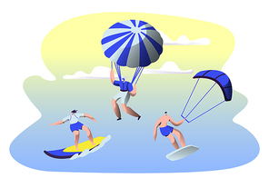 Summer Time Water Leisure Sports Activity. Surfing, Kitesurfing, Paragliding, Skydiving. Young Men and Women Relax at Summertime Vacation, Leisure, Sport Recreation. Cartoon Flat Vector Illustration