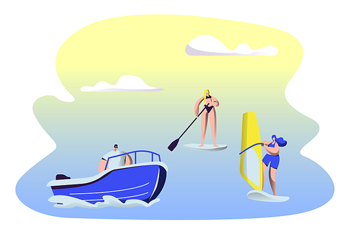 People Summertime Water Sport Activity. Surfing, Sup Board, Motor Boat Riding, Sailing. Men and Women Relax at Summer Time Vacation, Leisure, Resort Active Recreation Cartoon Flat Vector Illustration