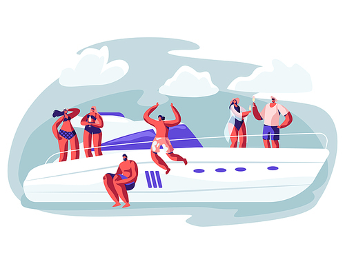 young people relaxing on luxury yacht at ocean. summertime vacation, happy male and female characters resting on ship jumping to sea,  champagne, sun bathing. cartoon flat vector illustration