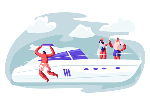 people traveling on luxury yacht at sea on summertime, happy man jump into water, loving couple  beverage on ship deck and sun bathing. summer vacation, cruise cartoon flat vector illustration