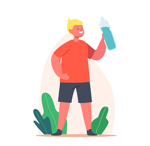 Kid Drinking Clean Water. Little Caucasian Boy Character with Bottle in Hand Enjoying Fresh Aqua. Child Drink, Refreshment, Healthy Lifestyle, Thirst and Body Hydration. Cartoon Vector Illustration