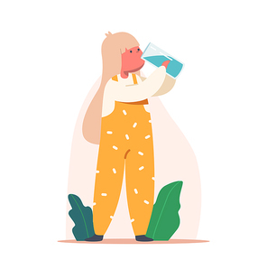 Baby Drinking Clean Water. Little Child Character with Glass in Hands Enjoying Fresh Aqua Drink. Healthy Lifestyle, Summer Refreshment, Thirsty Kids Body Hydration. Cartoon People Vector Illustration