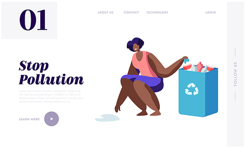 Young Brown Skin Woman Collecting Plastic Trash into Paper Bag with Recycling Sign. Stop Pollution Concept, Ecology Protection Website Landing Page, Web Page Cartoon Flat Vector Illustration, Banner