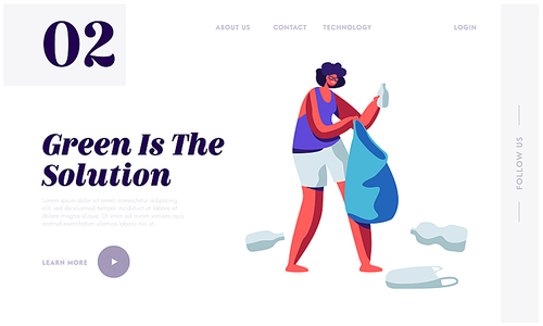 Female Character Picking Up Plastic Trash and Litter into Bag. Stop Pollution Concept, Ecology Protection, Recycling Solution Website Landing Page, Web Page Cartoon Flat Vector Illustration, Banner
