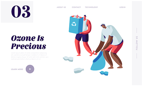 Couple of Male Characters, Volunteer Collecting Trash into Bags with Recycling Sign. Ecology Protection, Earth Pollution Problem Website Landing Page, Web Page Cartoon Flat Vector Illustration, Banner