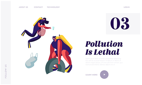 Plastic Pollution of Sea with Garbage. Scuba Divers Collect Trash and Wastes from Ocean Bottom. Ecology Protection Concept Website Landing Page, Web Page Cartoon Flat Vector Illustration, Banner