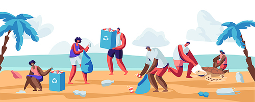 People Collecting Trash into Bags on Beach. Pollution of Seaside with Different Kinds of Garbage. Volunteers Clean Up Wastes on Ocean Coast. Ecology Protection Concept Cartoon Flat Vector Illustration