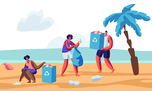 Multiracial Human Characters Picking Up Litter on Beach During Coastal Cleanup. Volunteers Collecting Trash in Bags with Recycle Sign. Environmental Pollution Problem. Cartoon Flat Vector Illustration