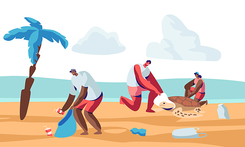 Volunteer People Cleaning Garbage on Beach Area and Saving Tortures.Volunteering, Men and Women Collecting Trash on Coastal Line or Seaside. Charity Social Concept. Cartoon Flat Vector Illustration